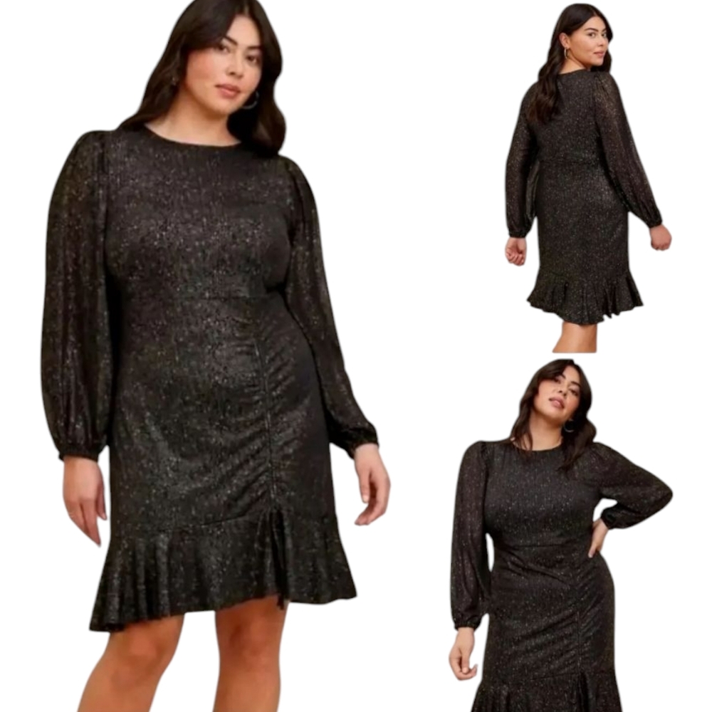 Torrid Mini Studio Knit Ruched Dress In Black & Gold